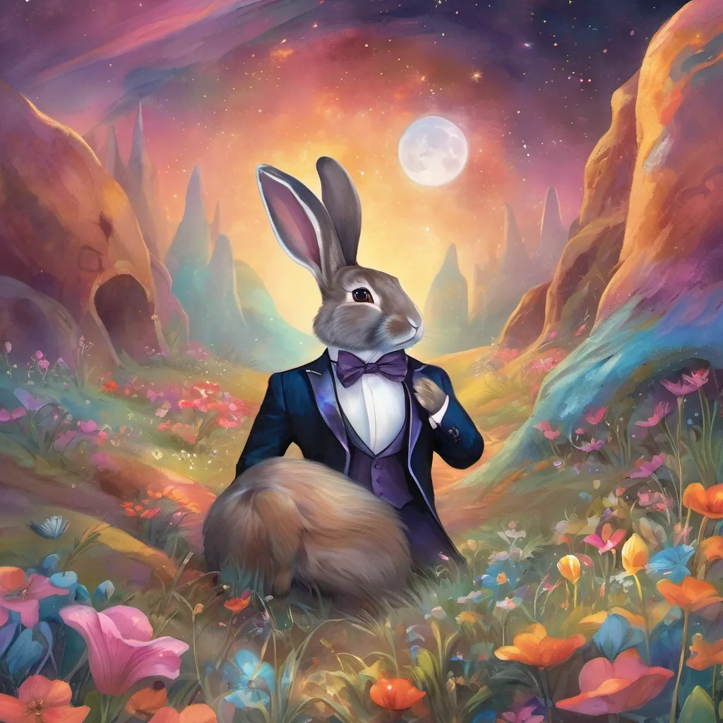 A whimsical bunny in a tuxedo within a colorful, magical burrow illuminated by the moon.