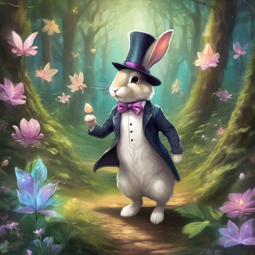 a whimsical bunny wearing a tuxedo and a tall hat, adventuring in an enchanted forest the bunny, wearing a grand hat, hopping joyfully in an enchanted forest.