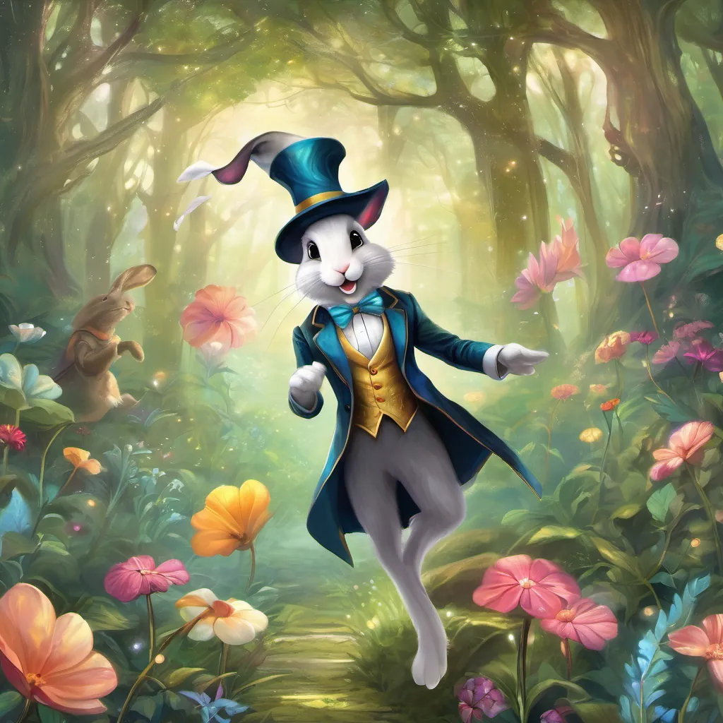 a whimsical bunny wearing a tuxedo and a tall hat, adventuring in an enchanted forest solving the final riddle with the jester cheering in delight.
