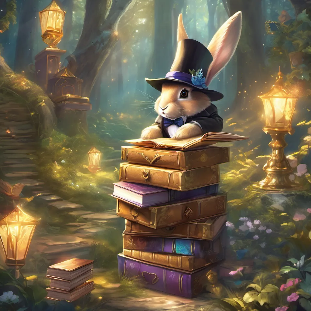 a whimsical bunny wearing a tuxedo and a tall hat, adventuring in an enchanted forest discovering a golden chest full of magical books with vibrant illustrations.