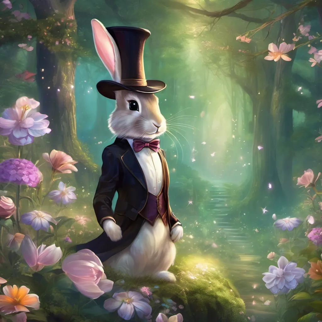 An enchanted forest with animated flowers swaying and whispering secrets to a whimsical bunny wearing a tuxedo and a tall hat, adventuring in an enchanted forest.