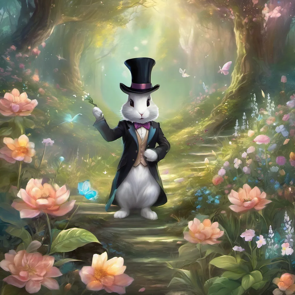 A mystical scene where flowers share a riddle in rhyme with a whimsical bunny wearing a tuxedo and a tall hat, adventuring in an enchanted forest.