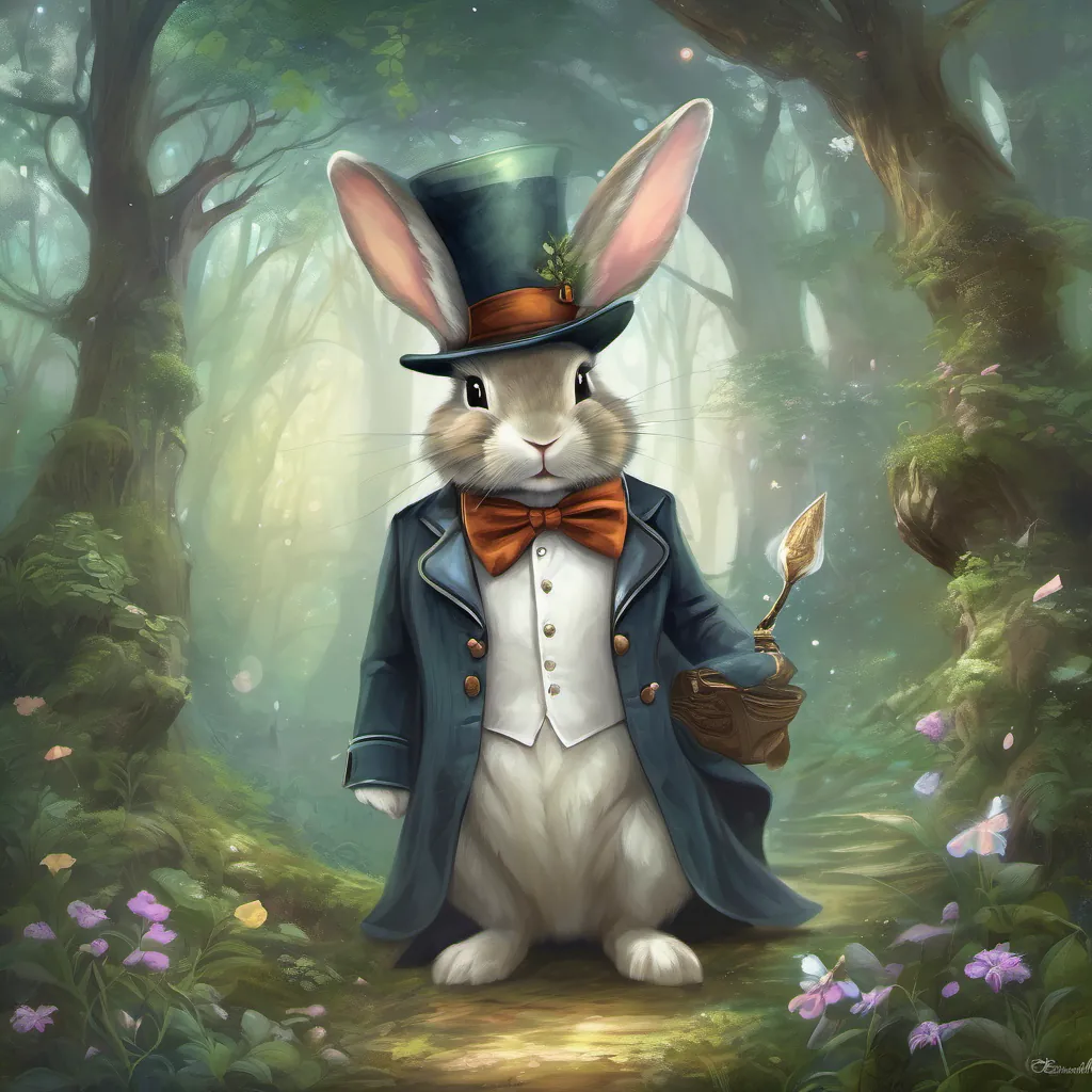 a whimsical bunny wearing a tuxedo and a tall hat, adventuring in an enchanted forest, with a thoughtful look, solving the first riddle in the enchanted forest.