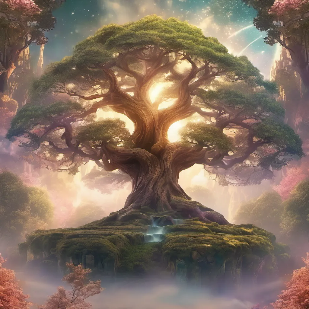A grand, ancient tree standing majestically in the middle of an enchanted forest.
