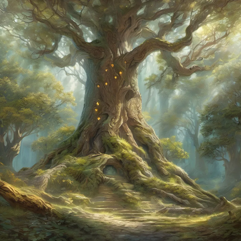 The ancient tree asking a riddle in the middle of the forest with etched bark.