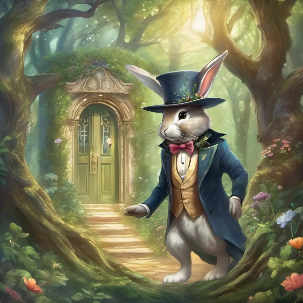 a whimsical bunny wearing a tuxedo and a tall hat, adventuring in an enchanted forest, excitedly solving the riddle with the ancient tree opening a hidden door.