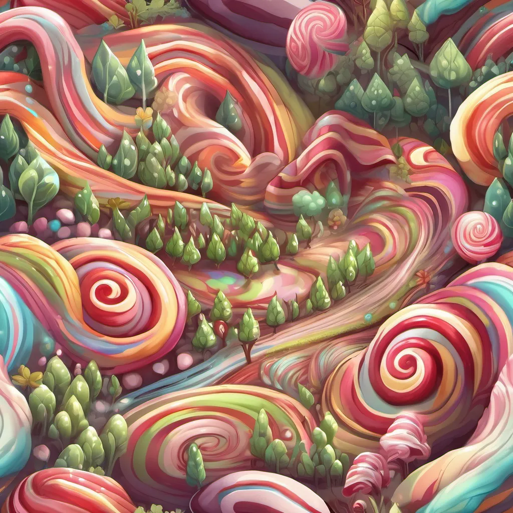 A magical candy land with candy canes, sugar beet, and chocolate rivers.