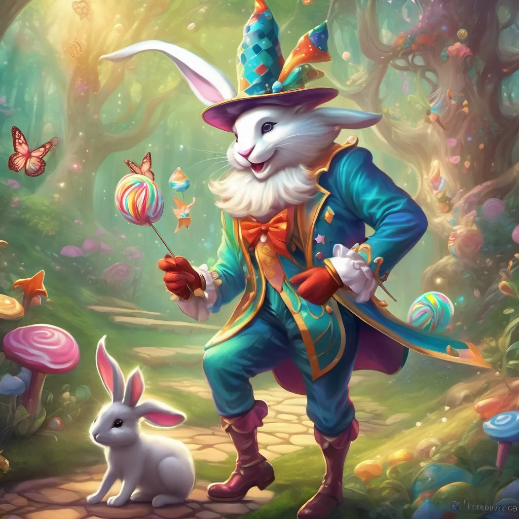 A cheerful jester in a whimsical candy land presenting a final riddle to a whimsical bunny wearing a tuxedo and a tall hat, adventuring in an enchanted forest.