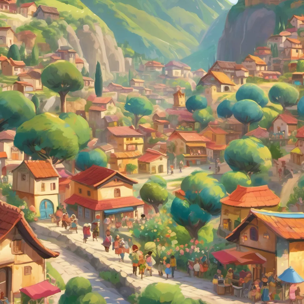 A colorful village in Sunshine Valley with A diverse group of cheerful villagers dressed in colorful attire, ranging from young children to elderly people happily dancing and smiling under a bright sunny sky.