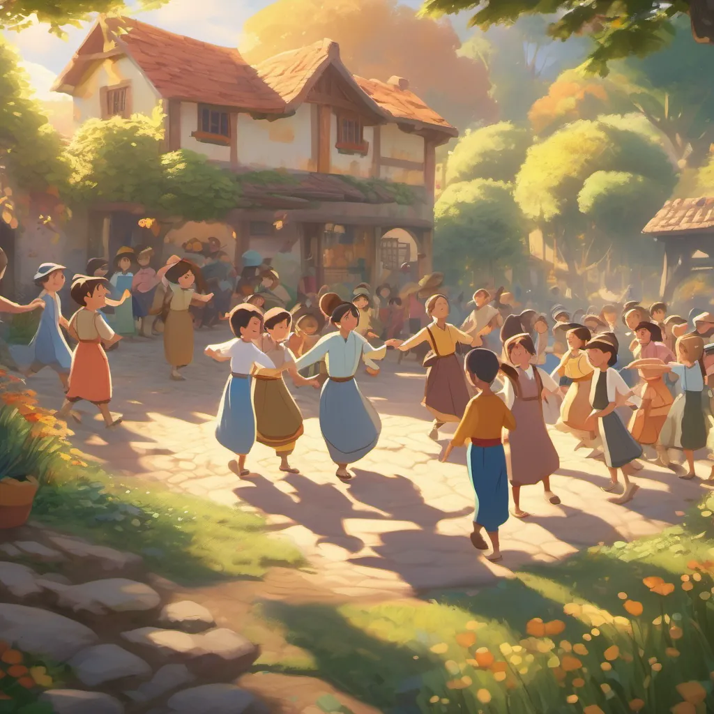 Villagers gathered in a circle, joyfully dancing with excitement, feet pattering on the ground, and the sun beaming above.