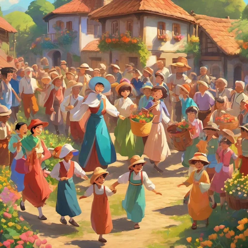 A beautiful, sunlit scene with A diverse group of cheerful villagers dressed in colorful attire, ranging from young children to elderly people celebrating their fields and joy, their dancing bringing them together.