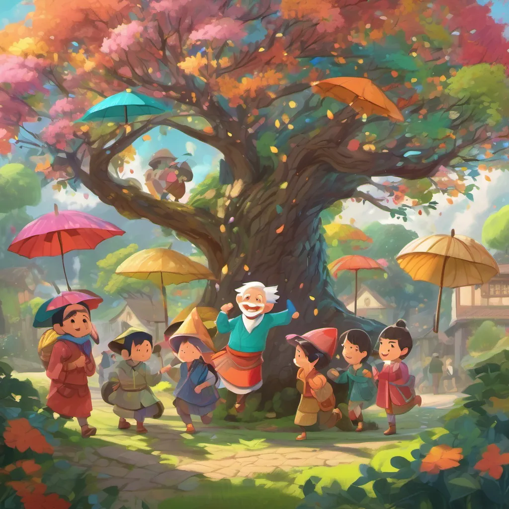 A wise old tree with shivering leaves and bent branches joins the A diverse group of cheerful villagers dressed in colorful attire, ranging from young children to elderly people in their rain dance.