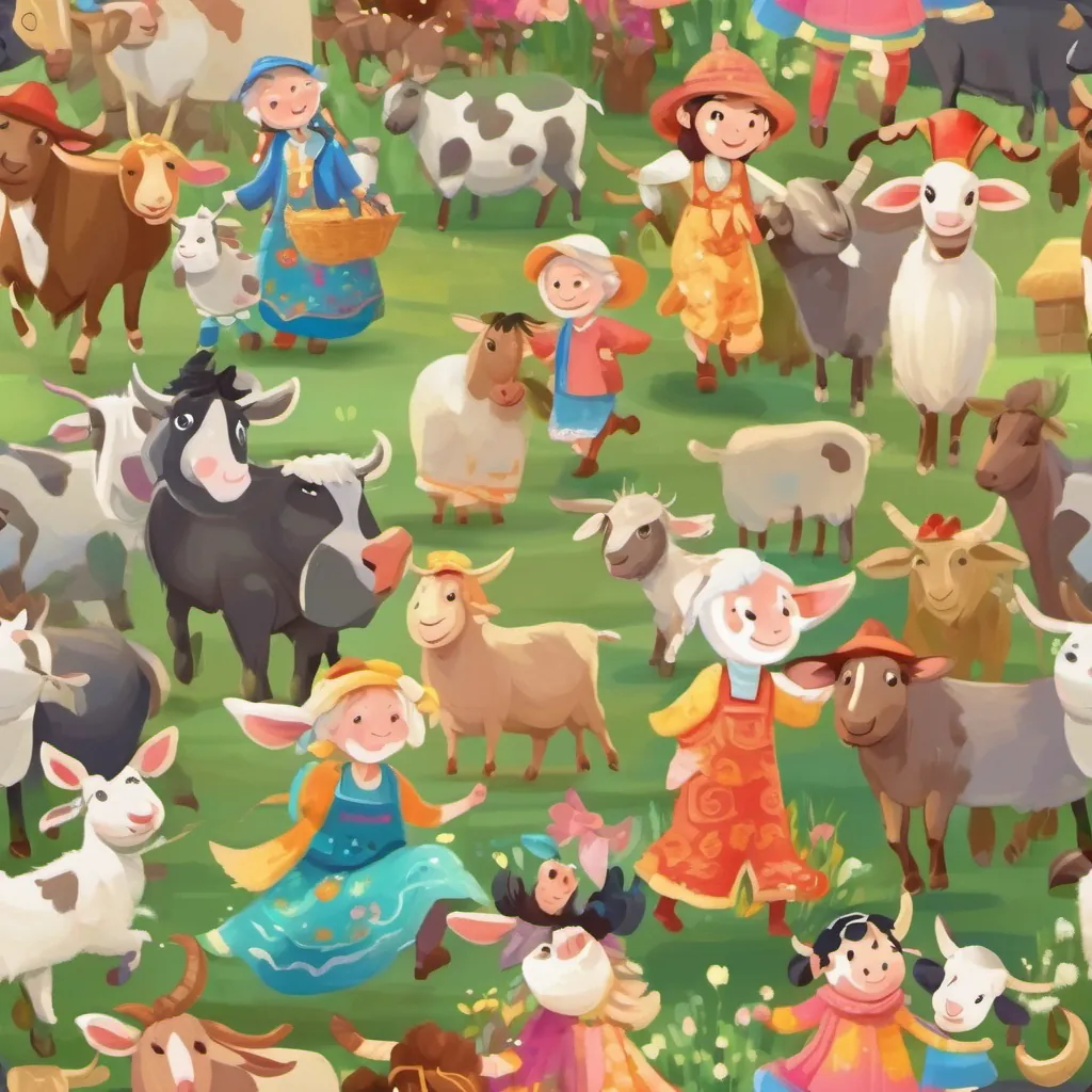 Animals like goats, cows, and sheep joining the A diverse group of cheerful villagers dressed in colorful attire, ranging from young children to elderly people, spinning and splashing with joy and glee.