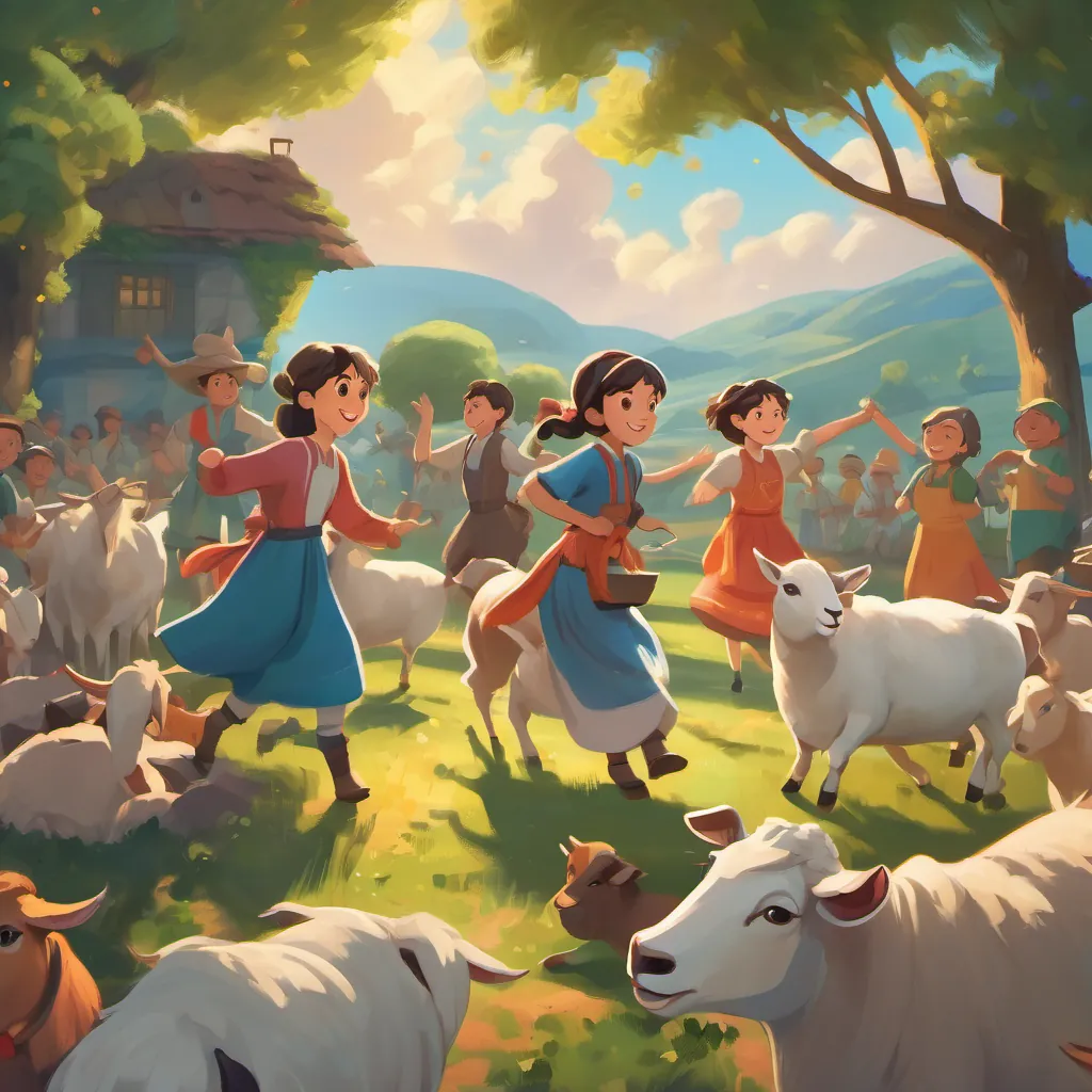 Villagers and A collection of farm animals such as goats, cows, and sheep, all participating in the dance with playful enthusiasm chanting rhythmically and harmoniously, hopeful eyes turned towards the sky.