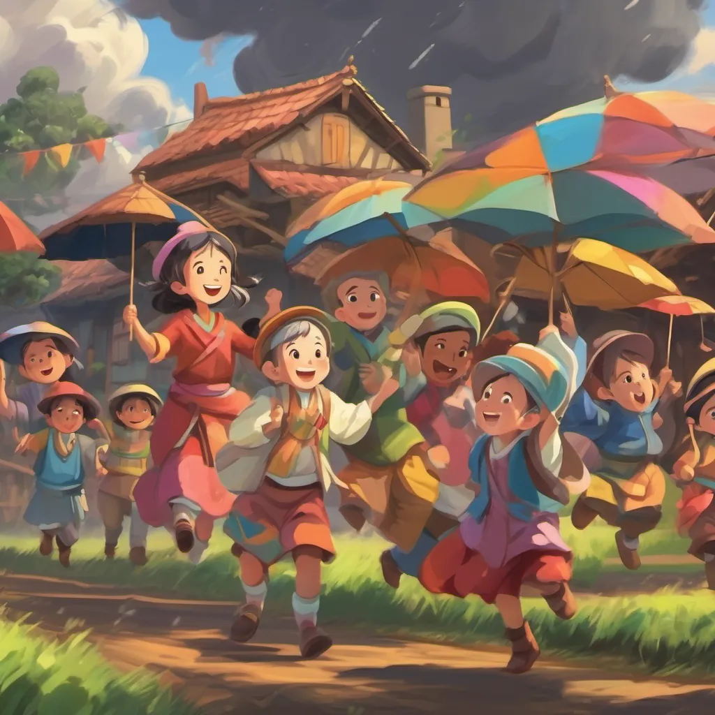 Dark rain clouds rolling in with a loud rumble, A diverse group of cheerful villagers dressed in colorful attire, ranging from young children to elderly people cheering and looking up with excitement.