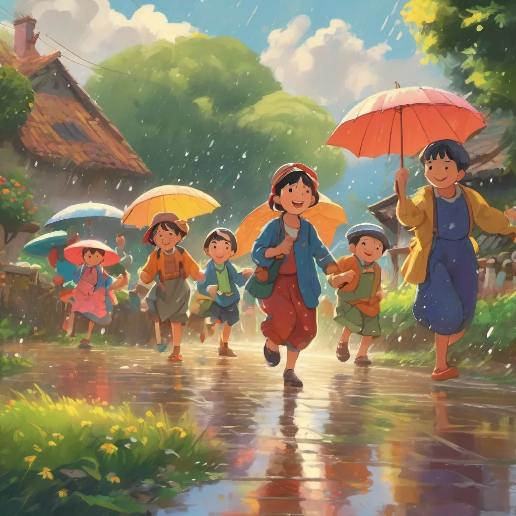 Rain beginning to fall, A diverse group of cheerful villagers dressed in colorful attire, ranging from young children to elderly people dancing and splashing in puddles, fields getting watered.