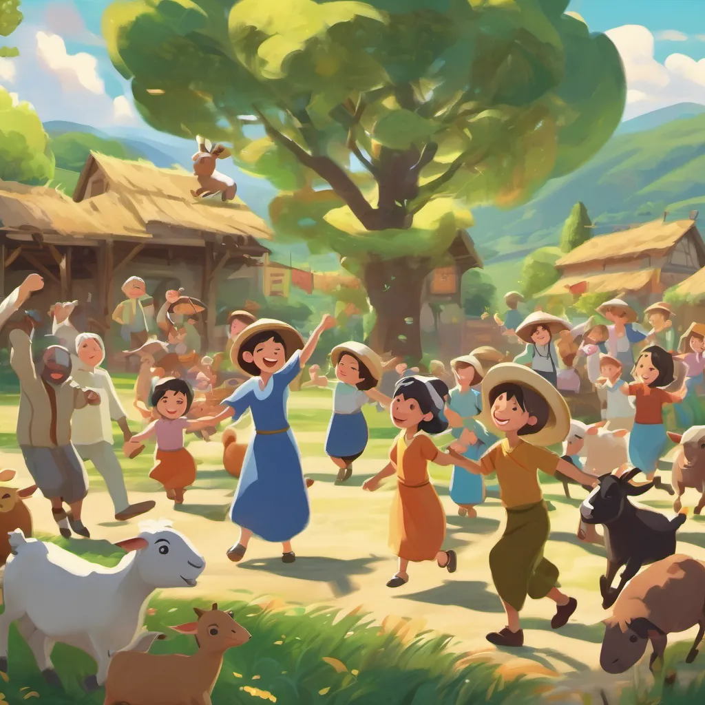 Villagers celebrating in Sunshine Valley, dancing joyfully with A collection of farm animals such as goats, cows, and sheep, all participating in the dance with playful enthusiasm, thanking the wise tree and the rain.