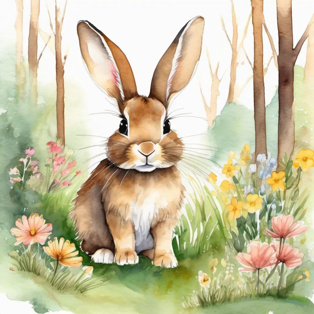 a small brown bunny with floppy ears and a fluffy tail the Bunny sitting in a grassy forest, surrounded by trees and flowers.