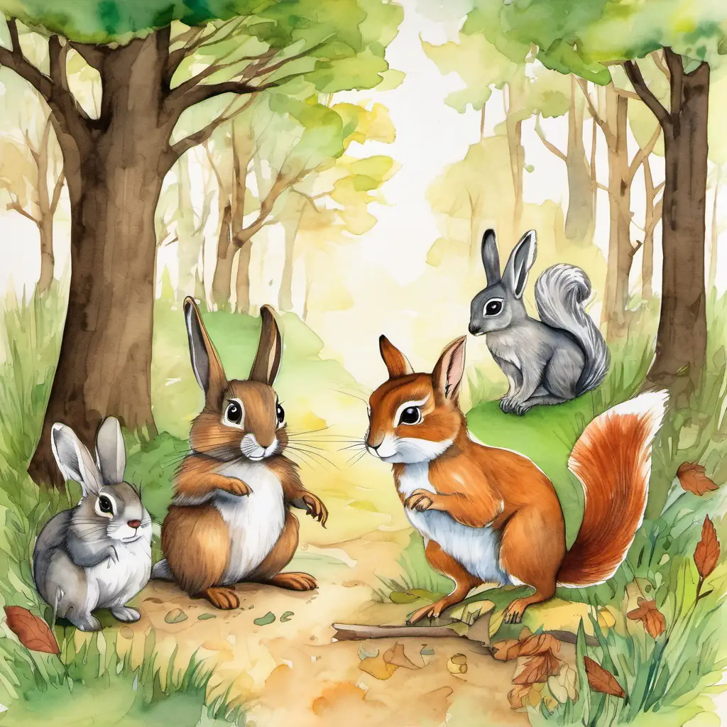 a small brown bunny with floppy ears and a fluffy tail the Bunny hopping through the forest, with a chatty squirrel with a bushy tail and bright eyes the squirrel and a wise old owl with big round eyes the owl following behind.