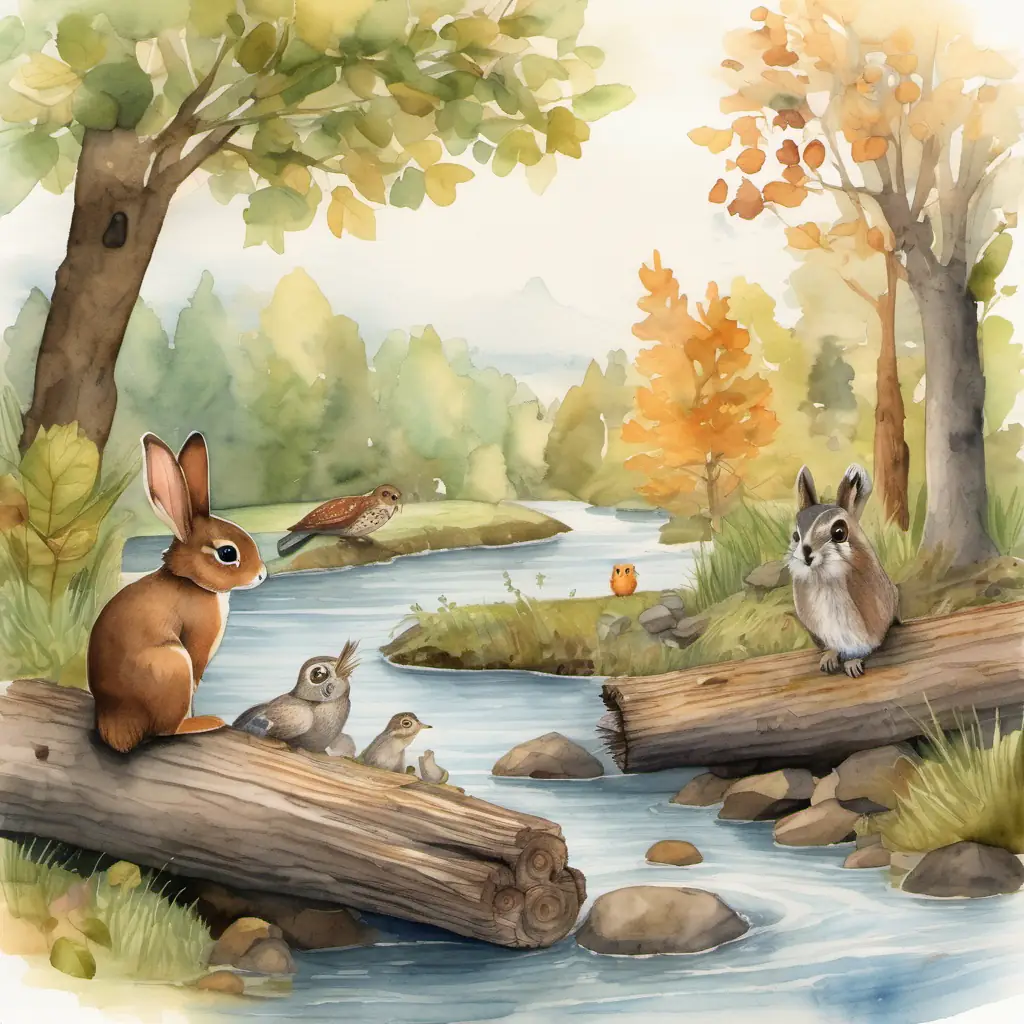 a small brown bunny with floppy ears and a fluffy tail the Bunny, a chatty squirrel with a bushy tail and bright eyes the squirrel, and a wise old owl with big round eyes the owl crossing a river on a fallen log.