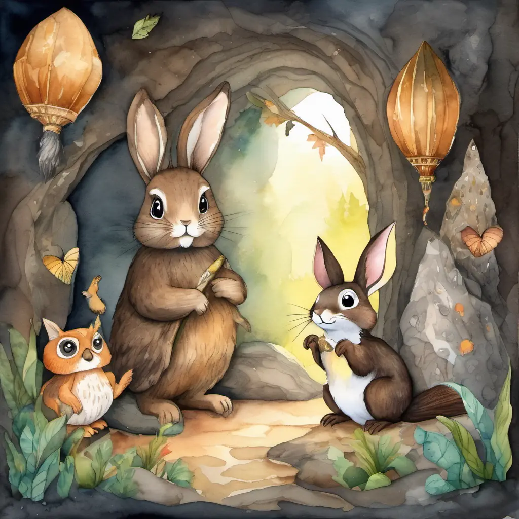 a small brown bunny with floppy ears and a fluffy tail the Bunny, a chatty squirrel with a bushy tail and bright eyes the squirrel, and a wise old owl with big round eyes the owl exploring a dark cave, with glittering treasure in the corner.