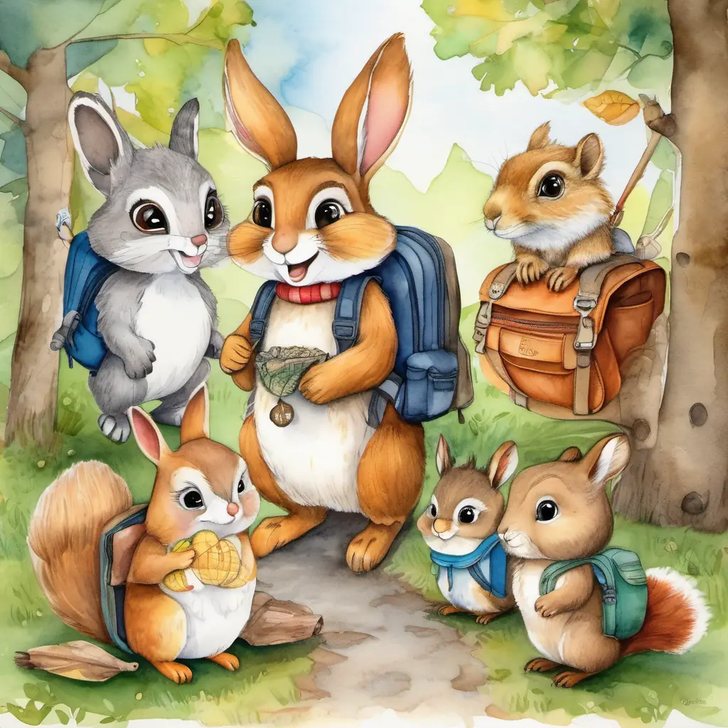 a small brown bunny with floppy ears and a fluffy tail the Bunny, a chatty squirrel with a bushy tail and bright eyes the squirrel, and a wise old owl with big round eyes the owl returning home with big smiles on their faces and their backpacks filled with treasure.