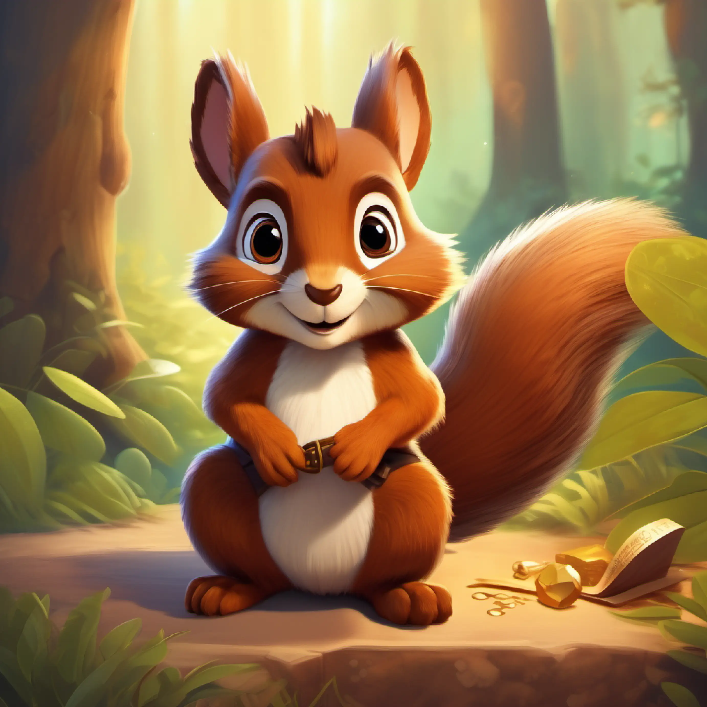 Introduction to Brave little squirrel with bright, curious eyes, bushy tail, brown fur and discovery of the treasure map.