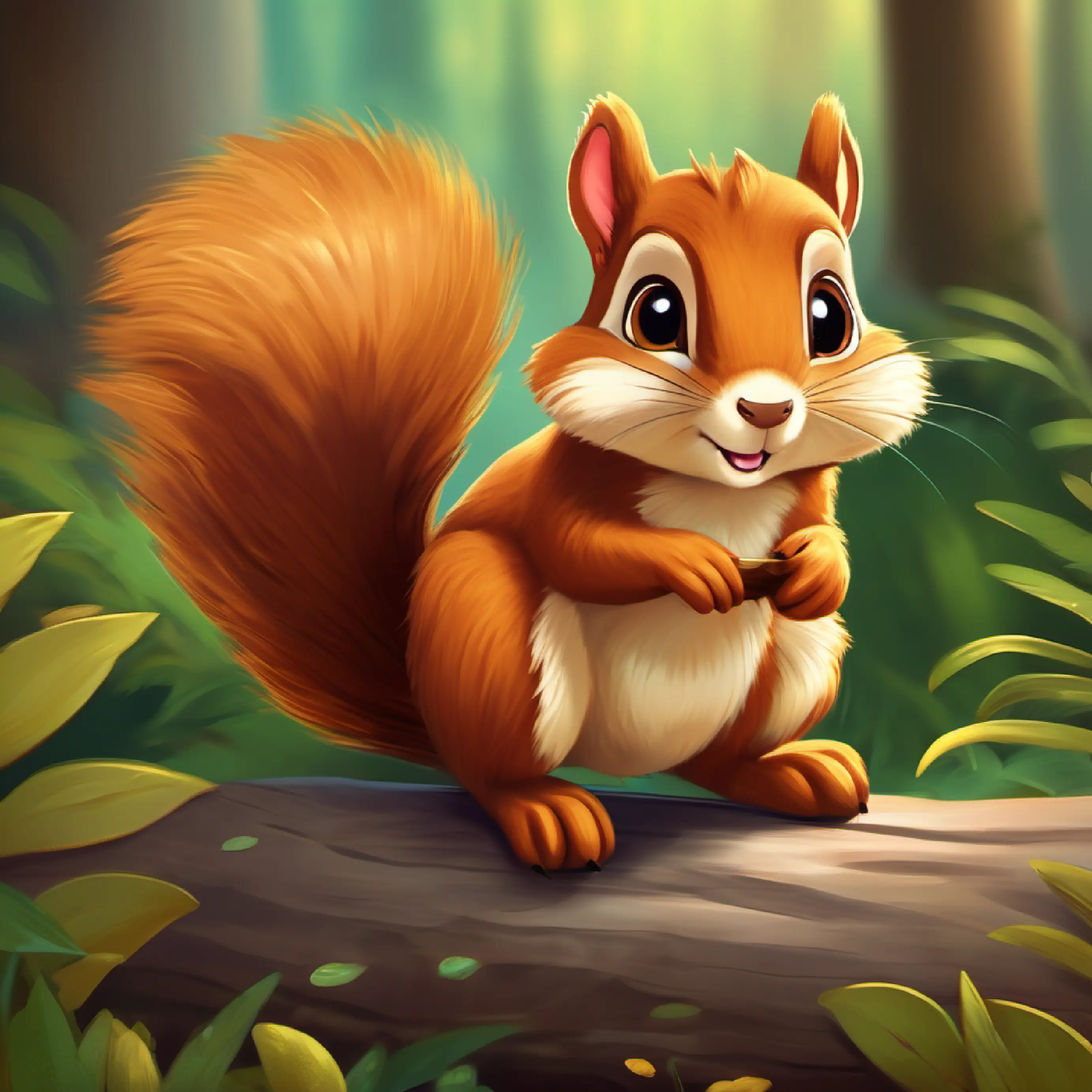 Brave little squirrel with bright, curious eyes, bushy tail, brown fur's decision to seek the treasure and his departure.