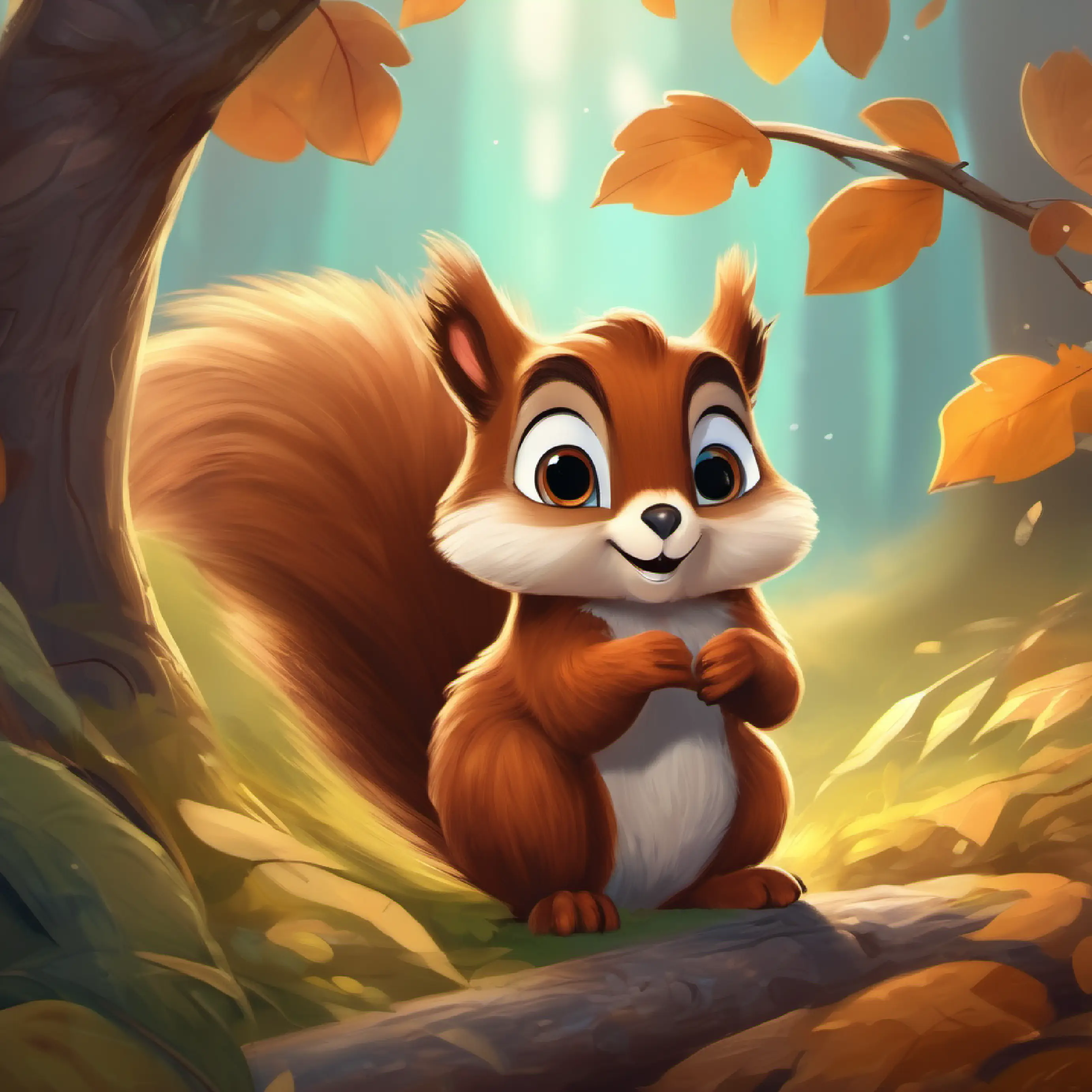 Brave little squirrel with bright, curious eyes, bushy tail, brown fur's journey and encounter with the kind owl.