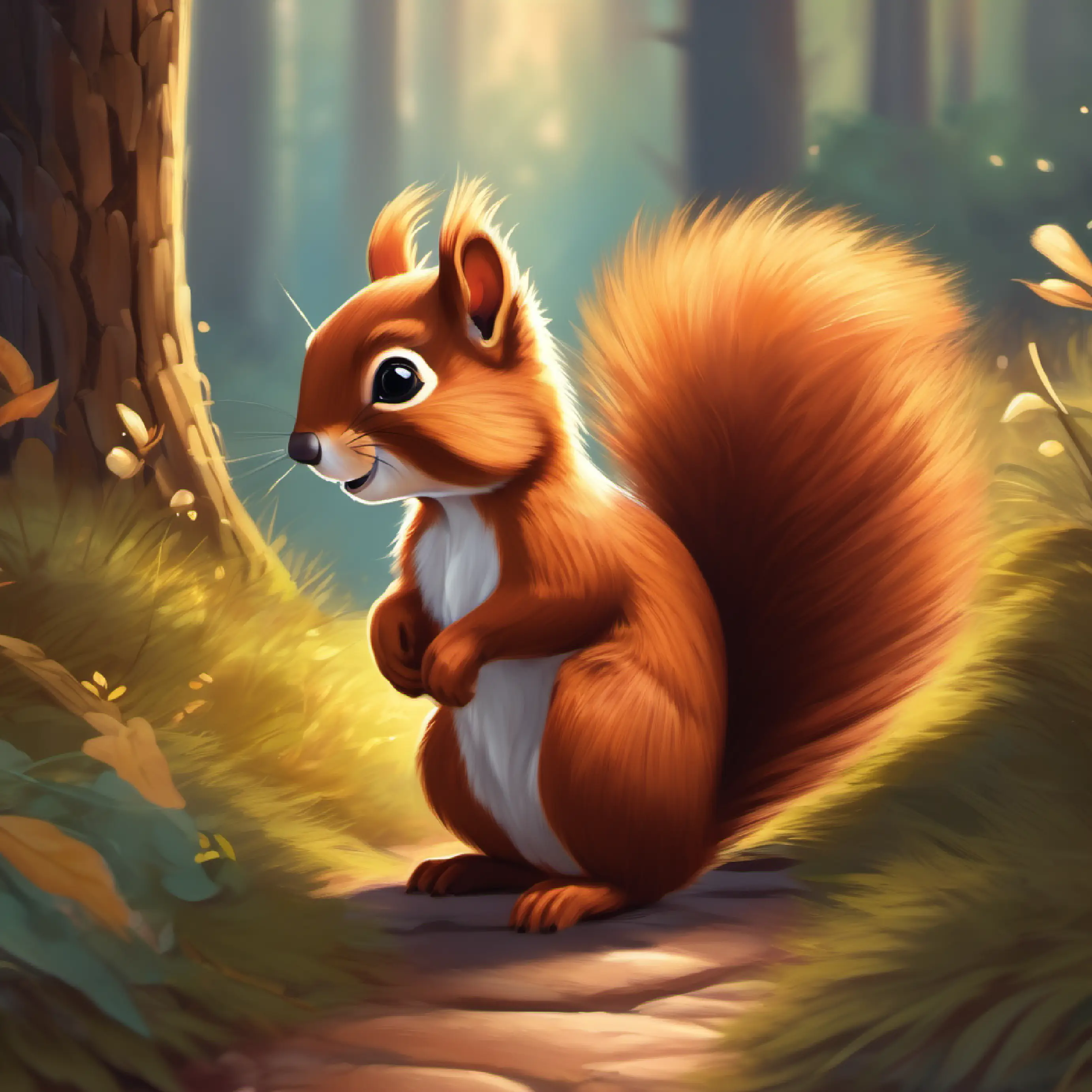 Brave little squirrel with bright, curious eyes, bushy tail, brown fur choosing the path his heart tells him.