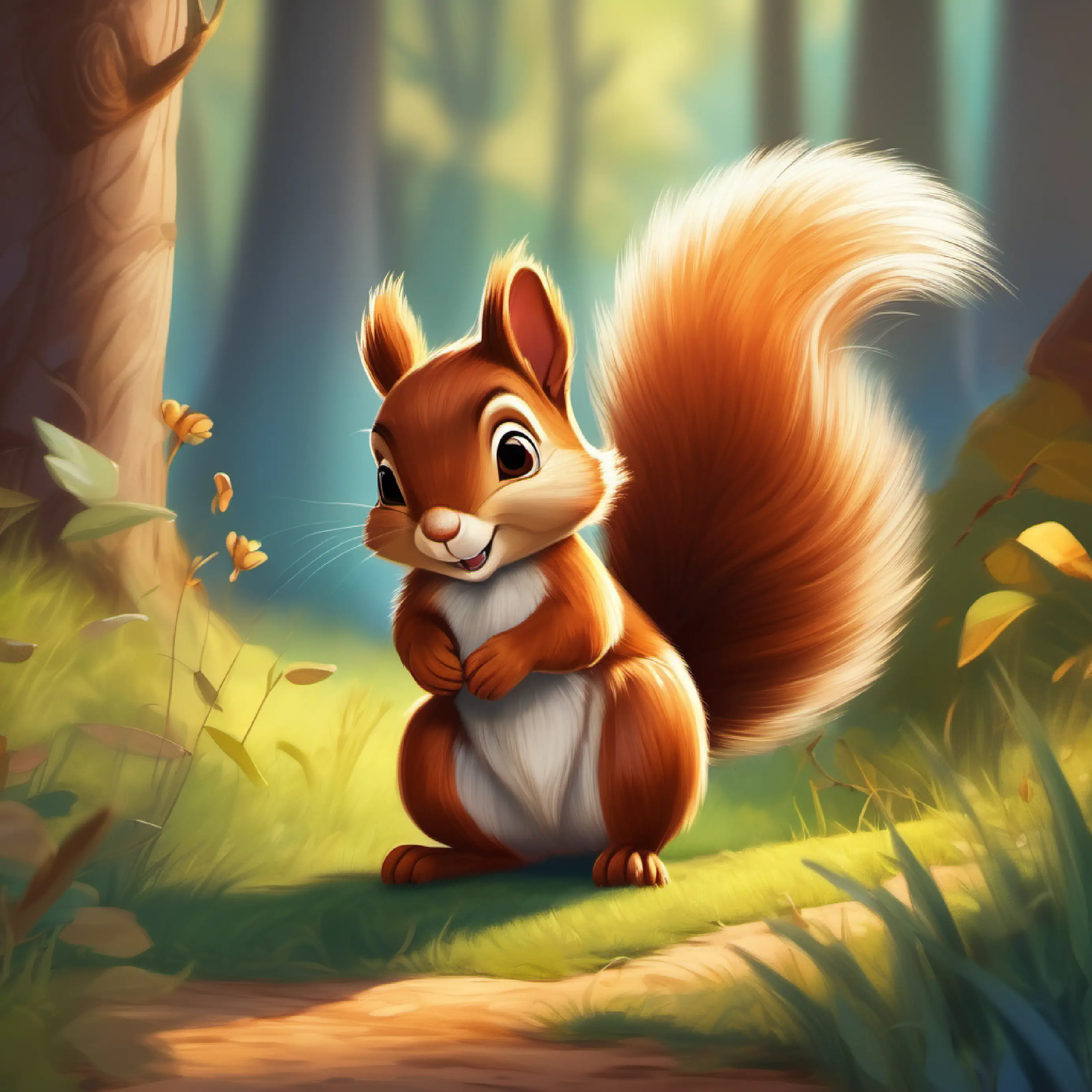Brave little squirrel with bright, curious eyes, bushy tail, brown fur's challenging journey leading to a sunny glade.