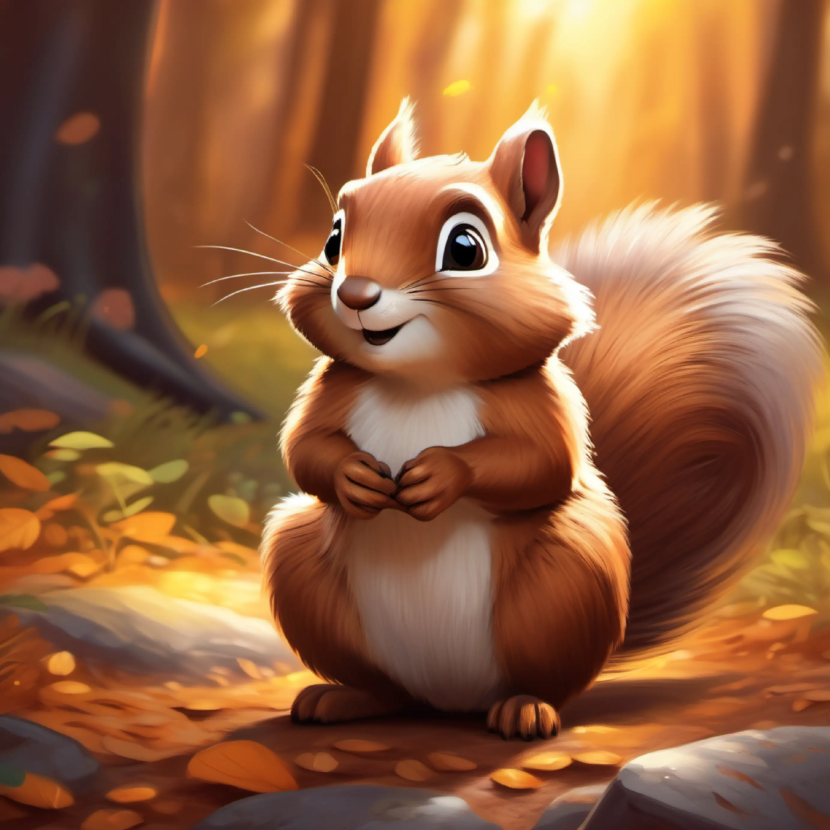 Brave little squirrel with bright, curious eyes, bushy tail, brown fur discovering the true treasure.