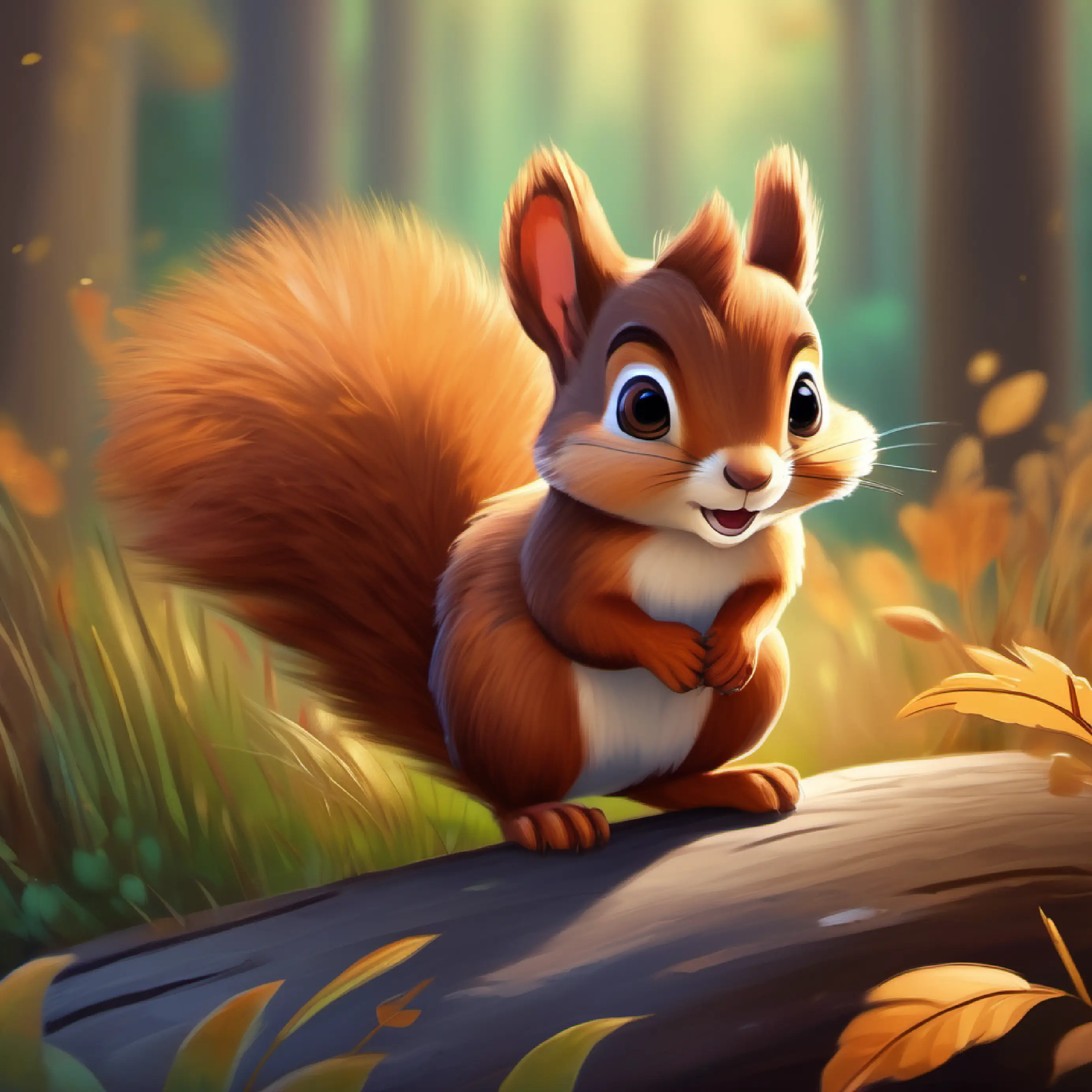 Brave little squirrel with bright, curious eyes, bushy tail, brown fur's joyful return and the story's moral revealed.