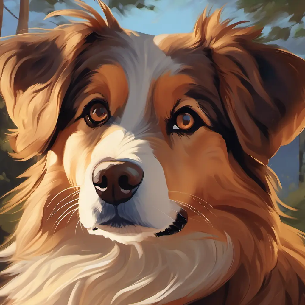 Introduction to Loyal canine companion, fluffy, brown eyes, the sisters' companion