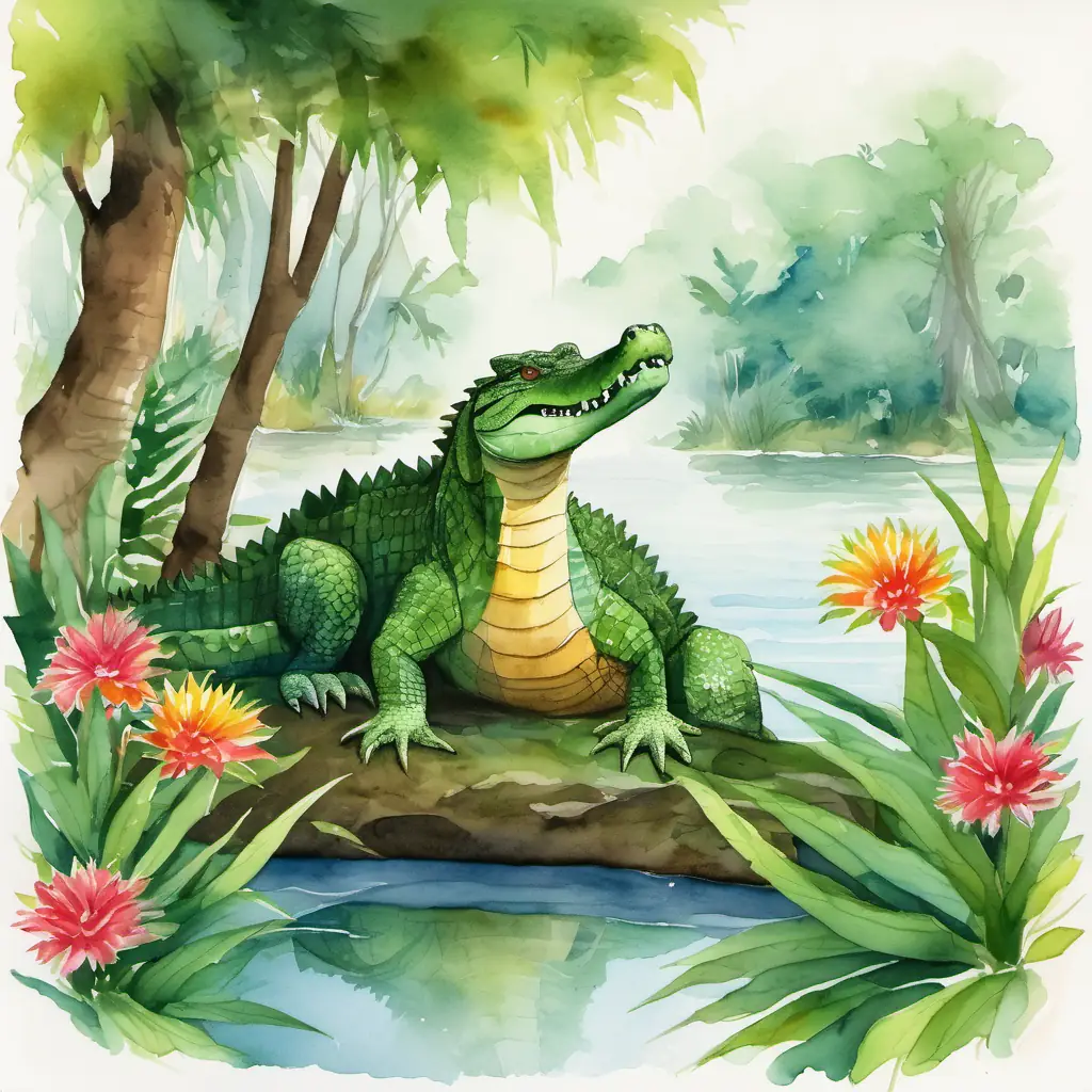 The page shows a jungle with tall trees and colorful flowers. Friendly crocodile with scaly green skin and sharp teeth the crocodile is sitting by a river with his scaly green skin and sharp teeth.