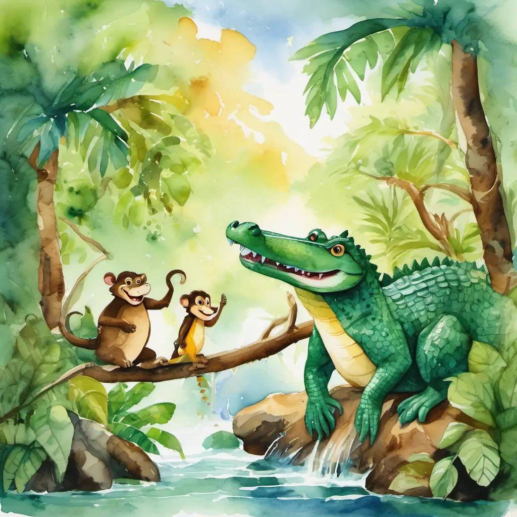 The page shows Friendly crocodile with scaly green skin and sharp teeth and Mischievous monkey with brown fur and a long, curly tail swinging from tree branches, exploring the jungle together, and having fun splashing in the river.