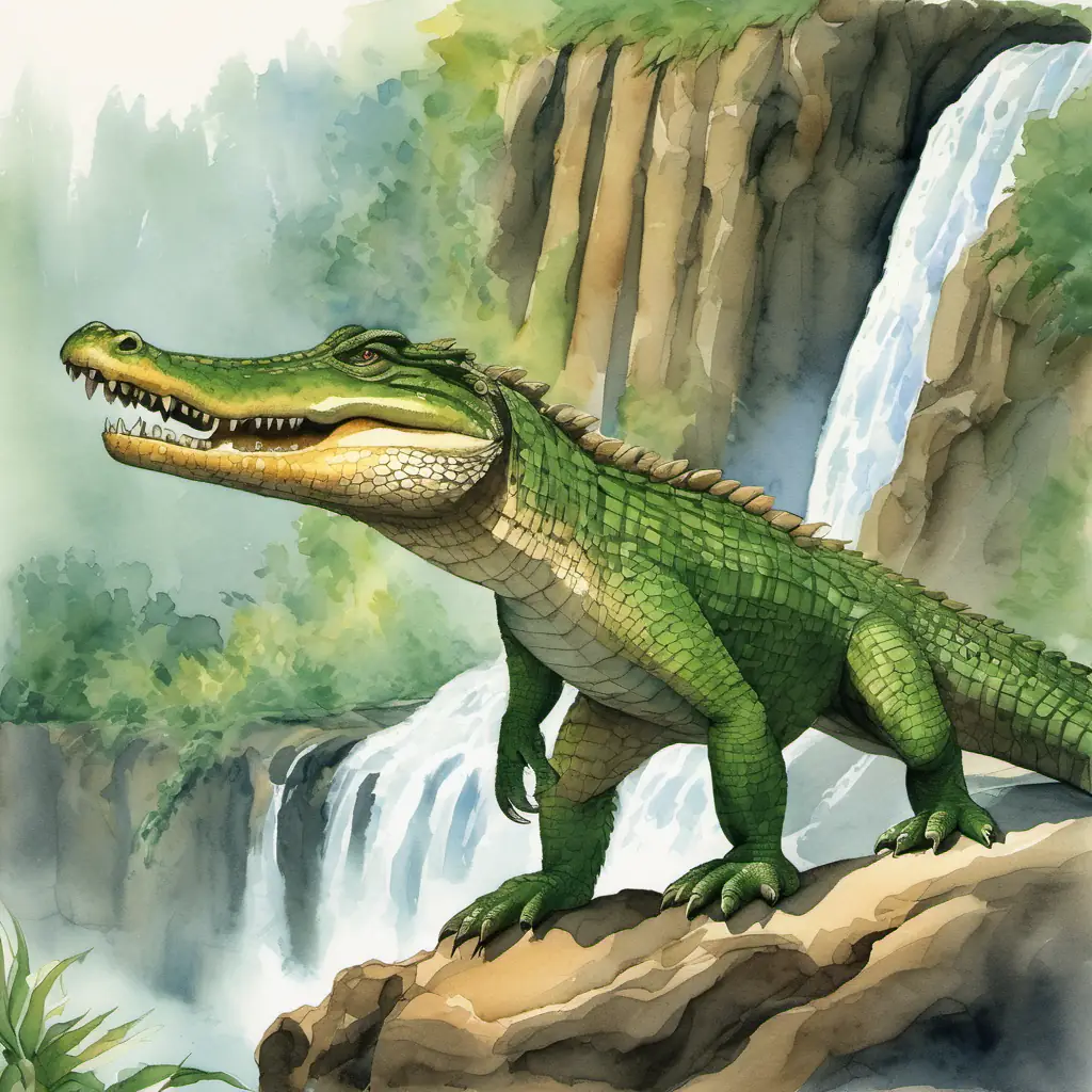 The page shows Friendly crocodile with scaly green skin and sharp teeth and Mischievous monkey with brown fur and a long, curly tail standing at the edge of a tall cliff with a beautiful waterfall at the bottom. Friendly crocodile with scaly green skin and sharp teeth looks unsure with his scaly feet.