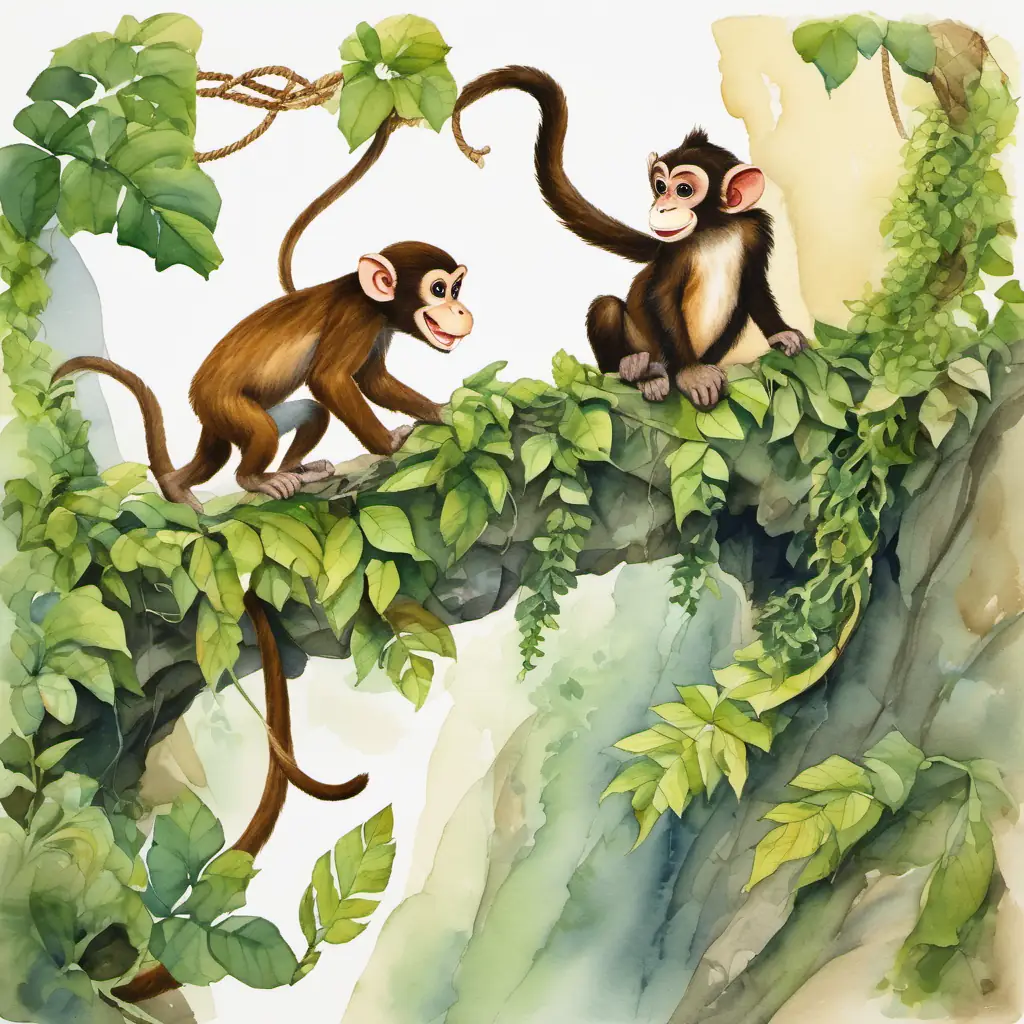 The page shows Mischievous monkey with brown fur and a long, curly tail using his strong tail to create a rope from vines. Friendly crocodile with scaly green skin and sharp teeth is holding onto the vine rope as Mischievous monkey with brown fur and a long, curly tail lowers him down the cliff safely.