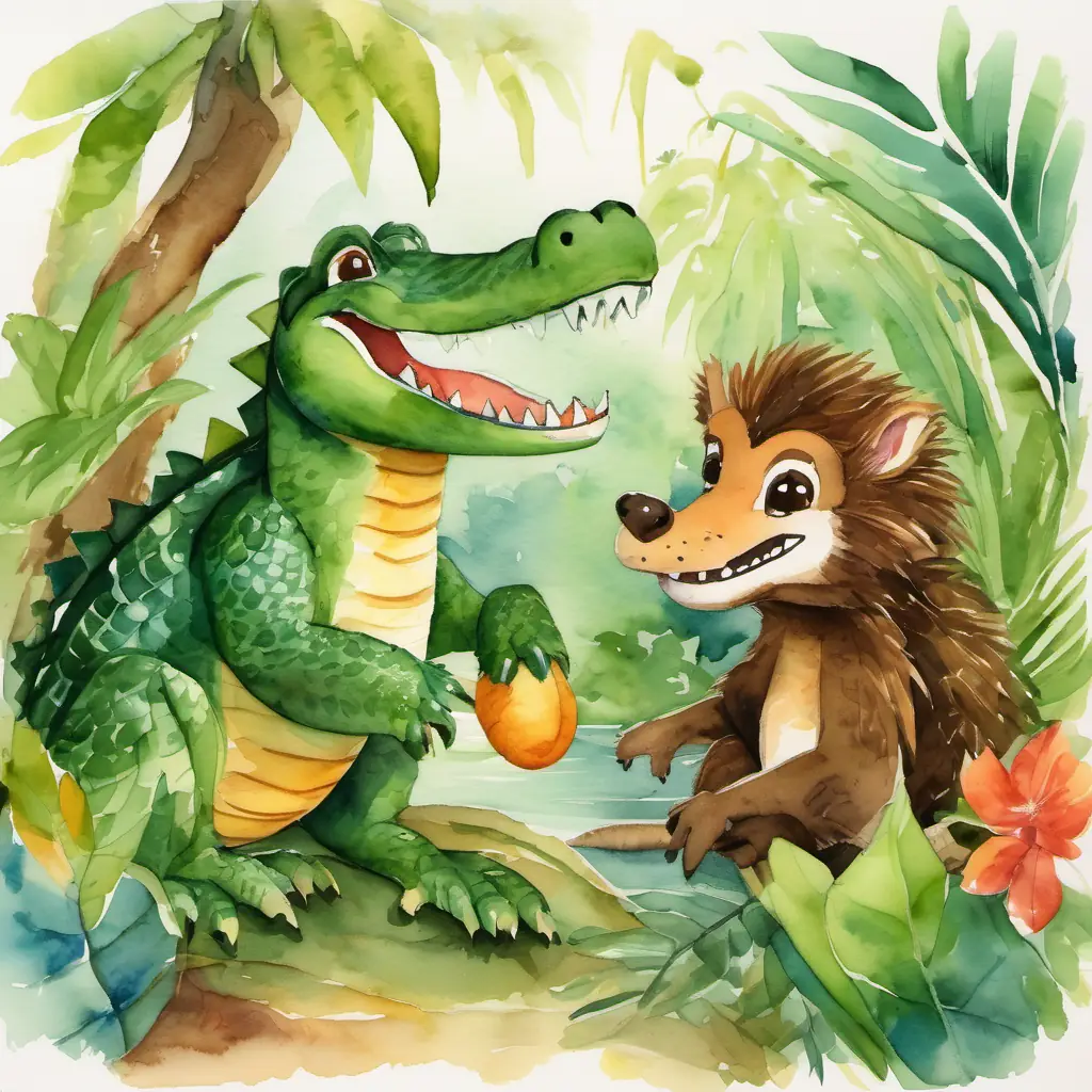 The page shows Friendly crocodile with scaly green skin and sharp teeth and Mischievous monkey with brown fur and a long, curly tail smiling at each other, knowing they have a strong bond. They are surrounded by a beautiful jungle scene, symbolizing their friendship adventures.