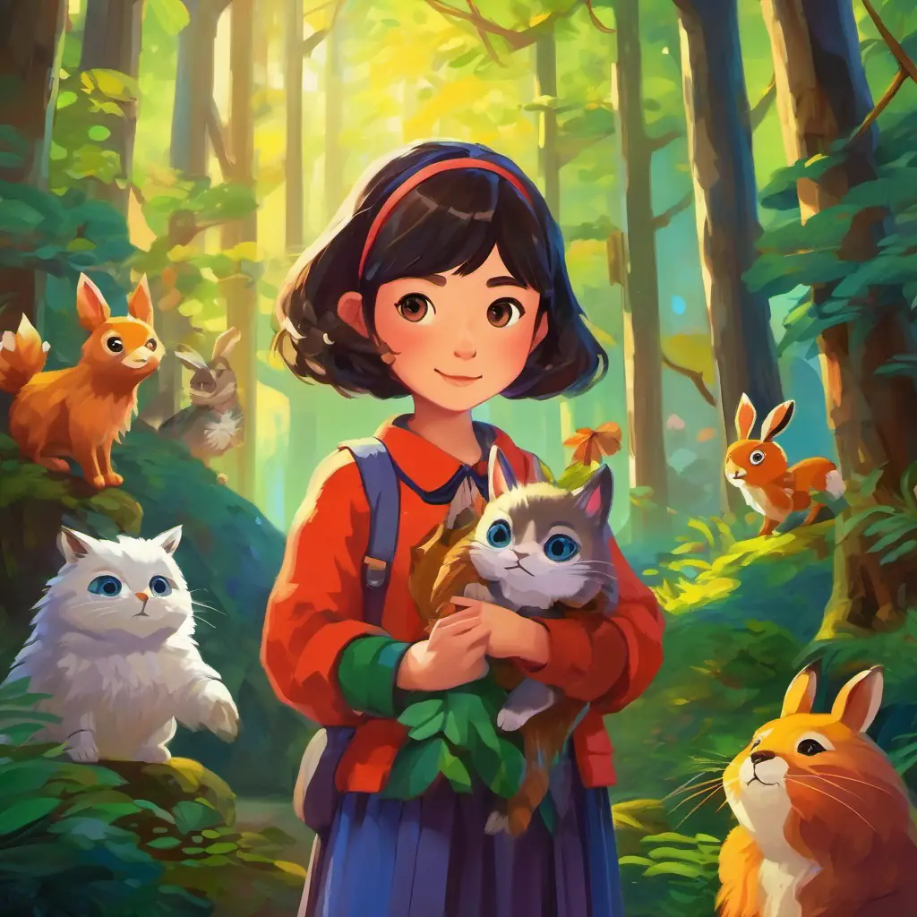 In a colorful forest, Mei holds her animal puppets in her hands.