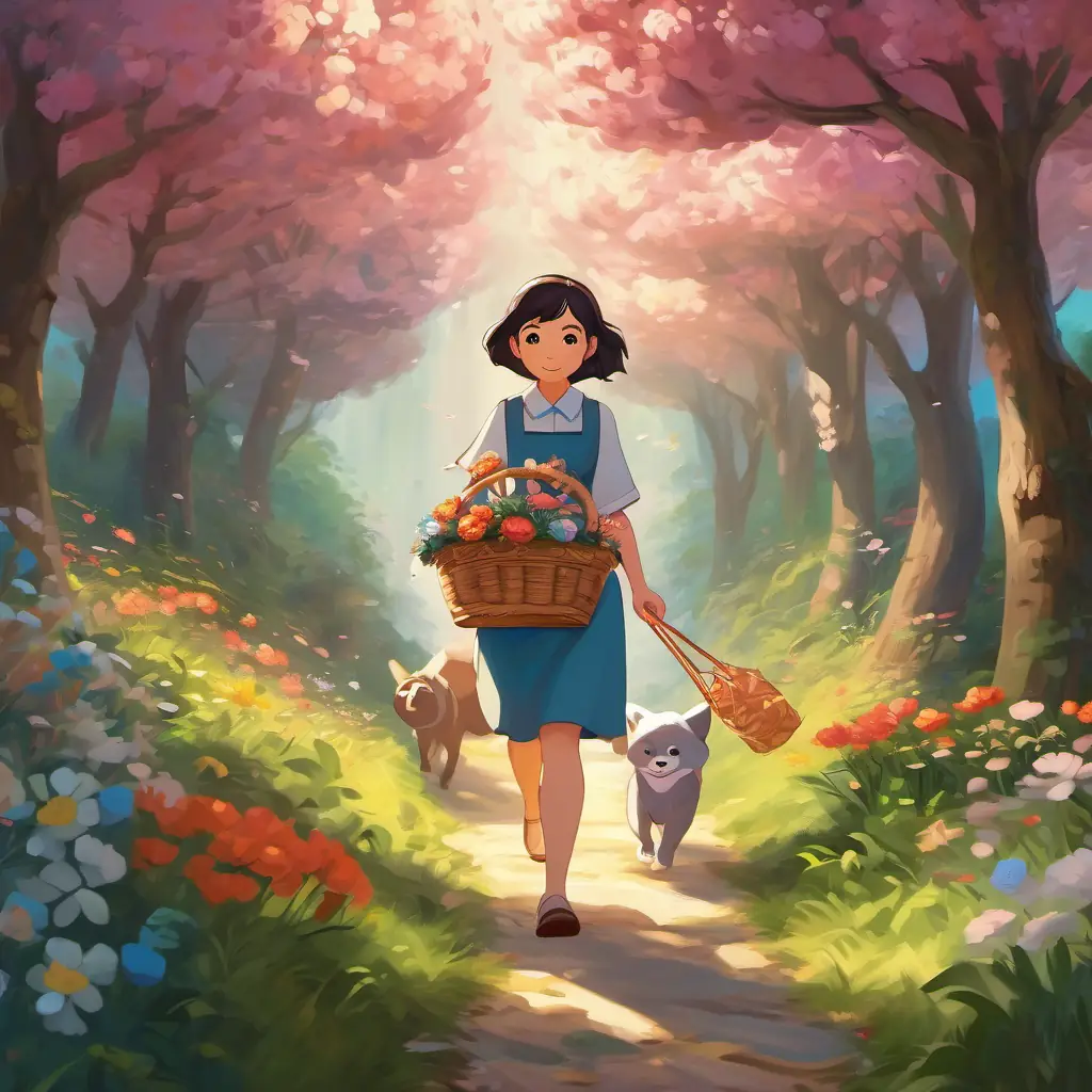 Mei carries a basket with her animal puppets, walking through a flowery forest path.