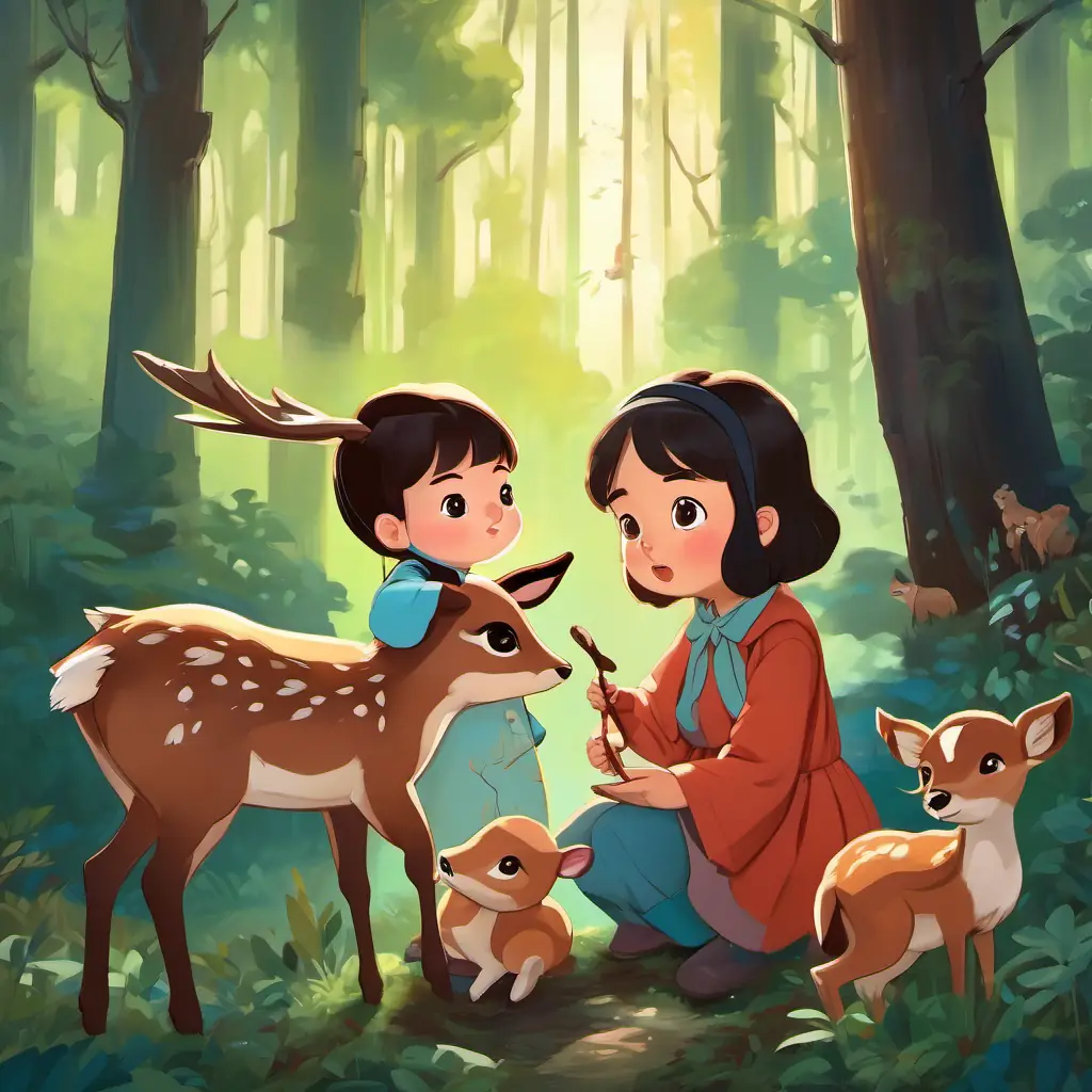 Mei and her animal puppets gather around a baby deer crying in the forest.