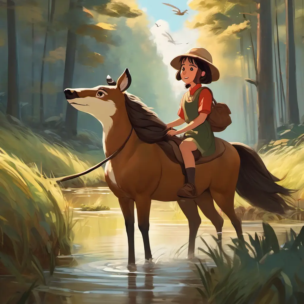Mei rides her Sleek brown with a flowing mane and a kind expression puppet to save the deer's parents stuck in a muddy marsh.