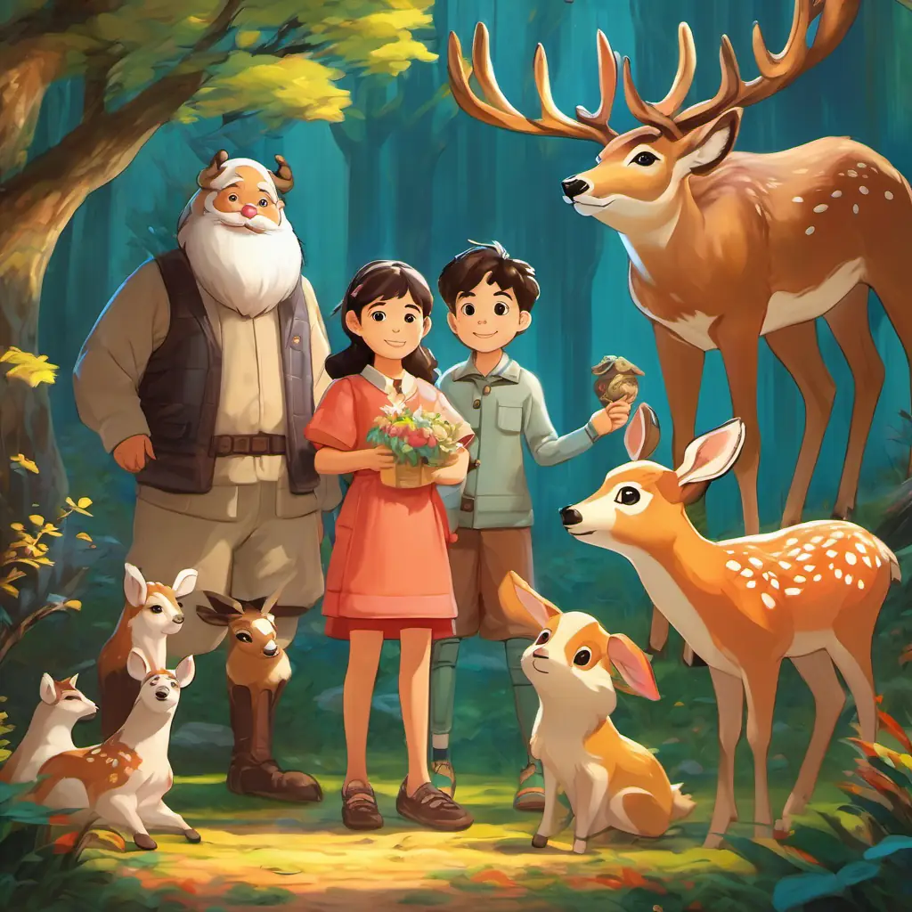Mei and her animal puppets stand beside the happy deer's family.