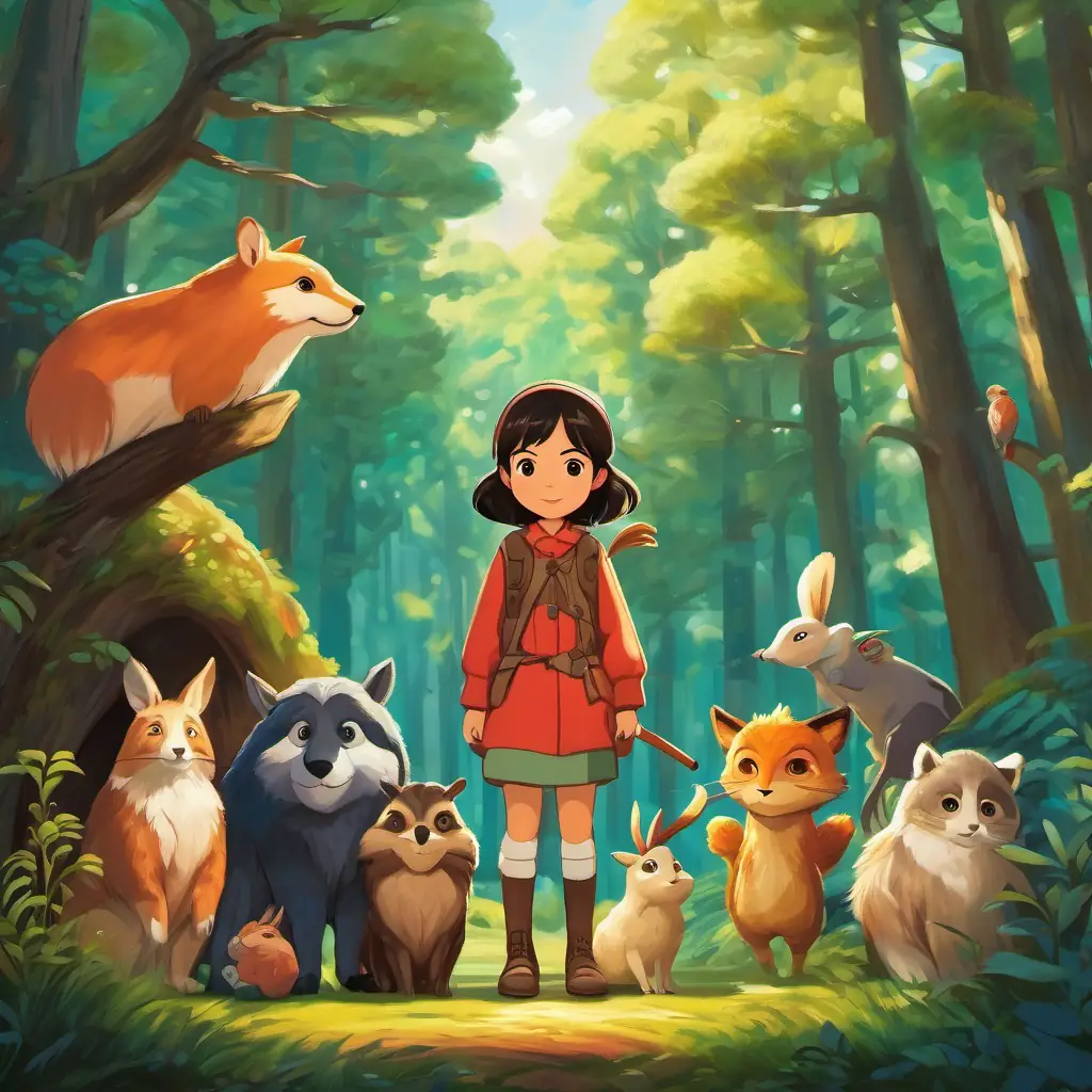 Mei and her animal puppets proudly stand as protectors among the grateful forest animals.