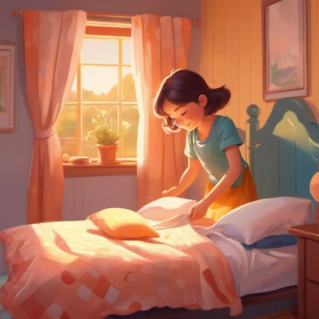 little girl making her bed after waking up, sunrise, and cheerful mood.