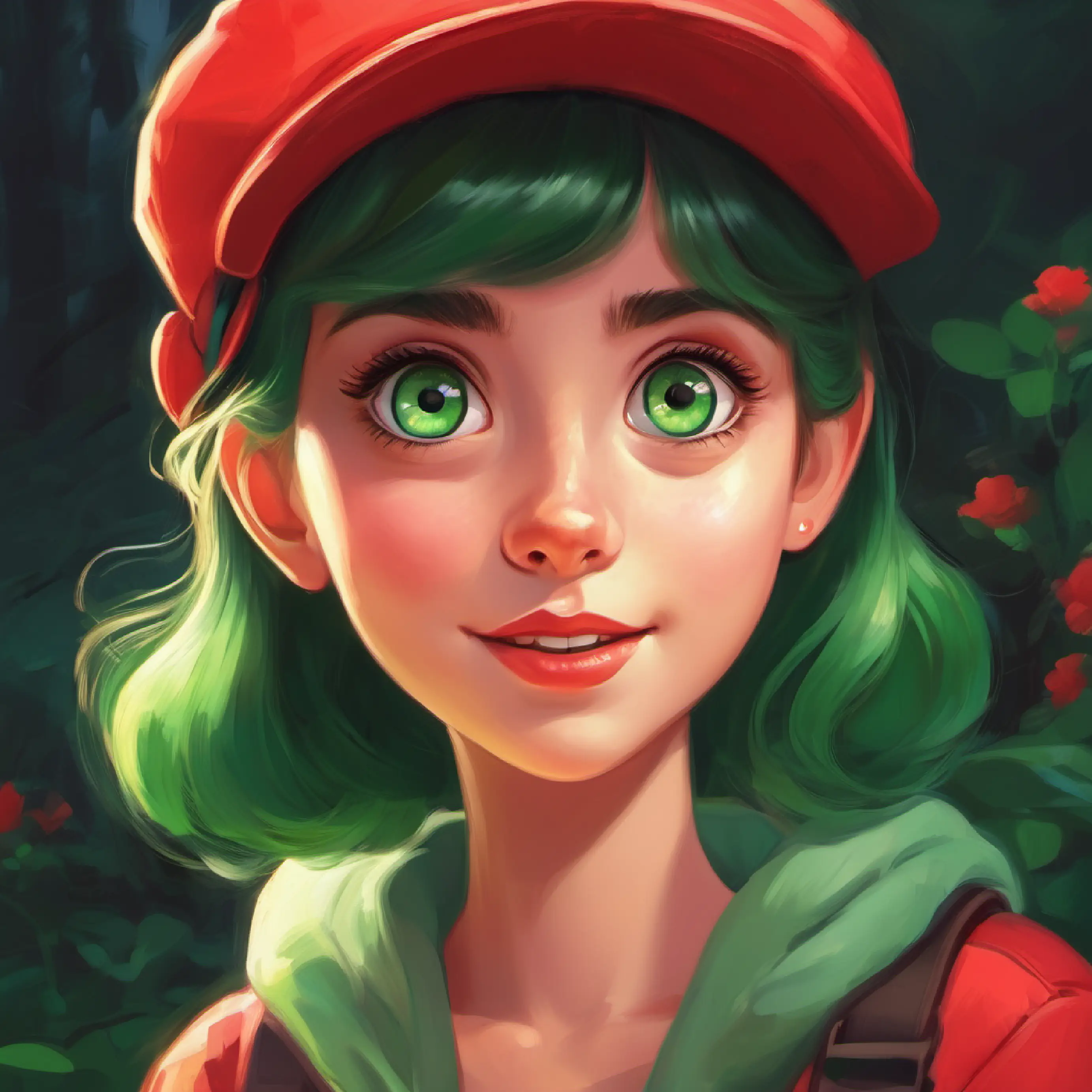 Introducing Girl with big green eyes, loves red hat, playful, a playful girl with green eyes.