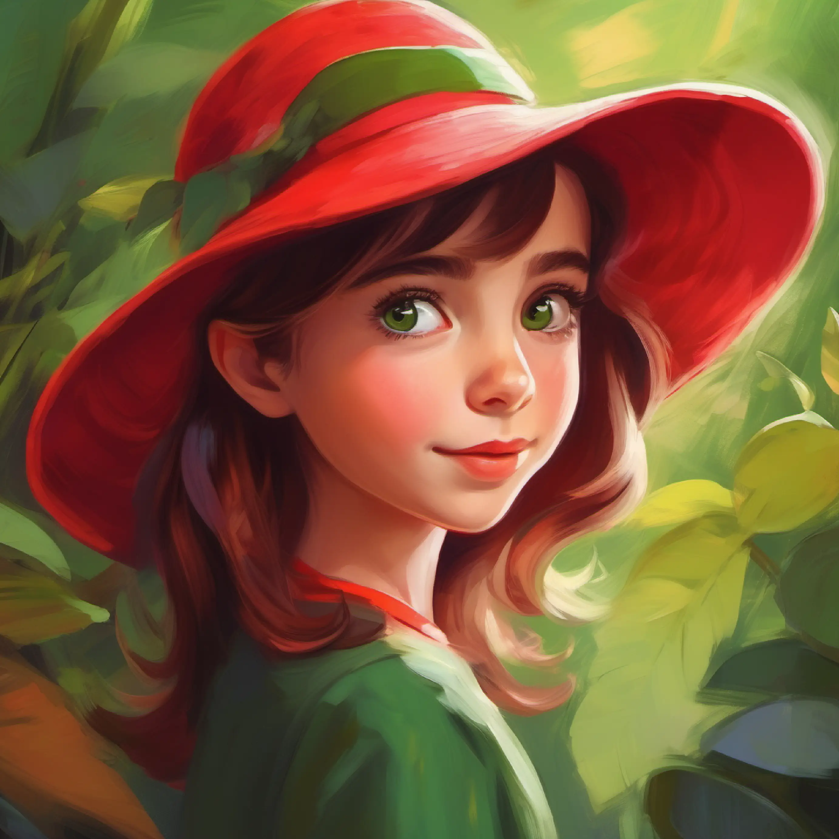 Girl with big green eyes, loves red hat, playful getting ready to meet her friends, wearing her red hat.