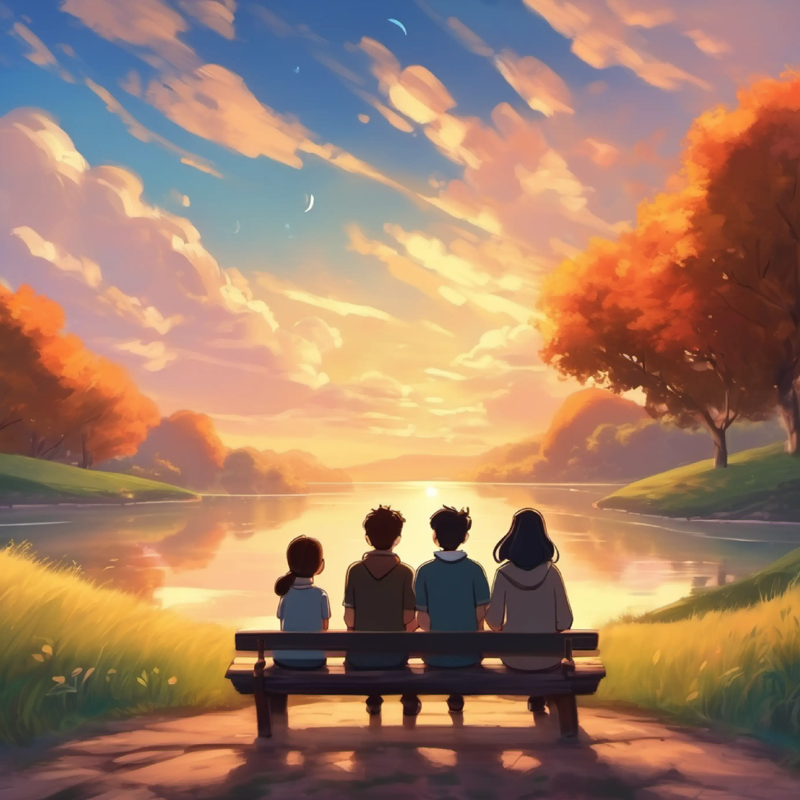 Friends sit together and watch the sky.