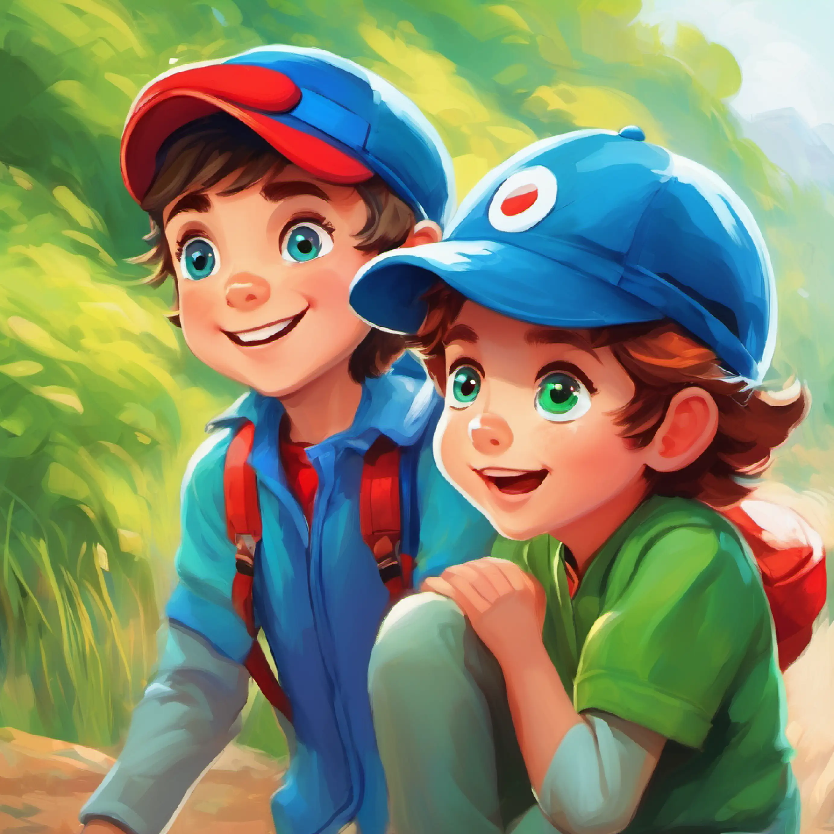 Boy, blue cap, enjoys racing, polite greets Girl with big green eyes, loves red hat, playful, wearing his blue cap.